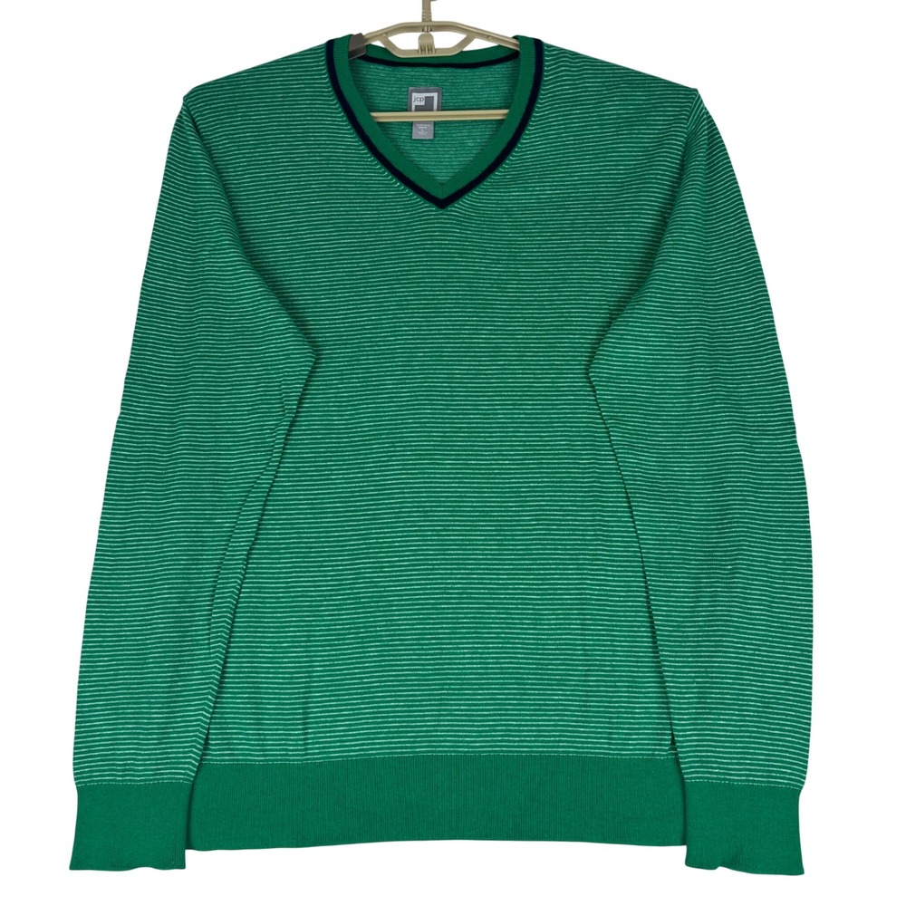 JCP V-Neck Sweater Mens L Green White Striped Cotton Cashmere Blend JC-00-007-A